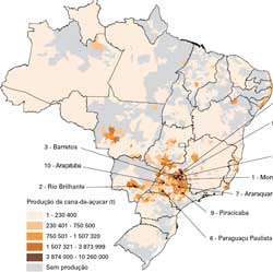 Mapa da produção de cana no Brasil
